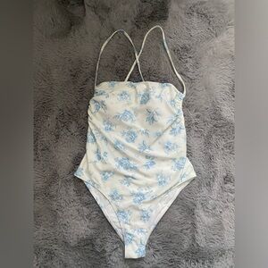 White and Blue Floral One Piece Swimsuit